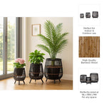 Load image into Gallery viewer, Planters Set of 3 - Black Bamboo Wood Footed, 10/14/17 in.
