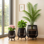 Load image into Gallery viewer, Planters Set of 3 - Black Bamboo Wood Footed, 10/14/17 in.

